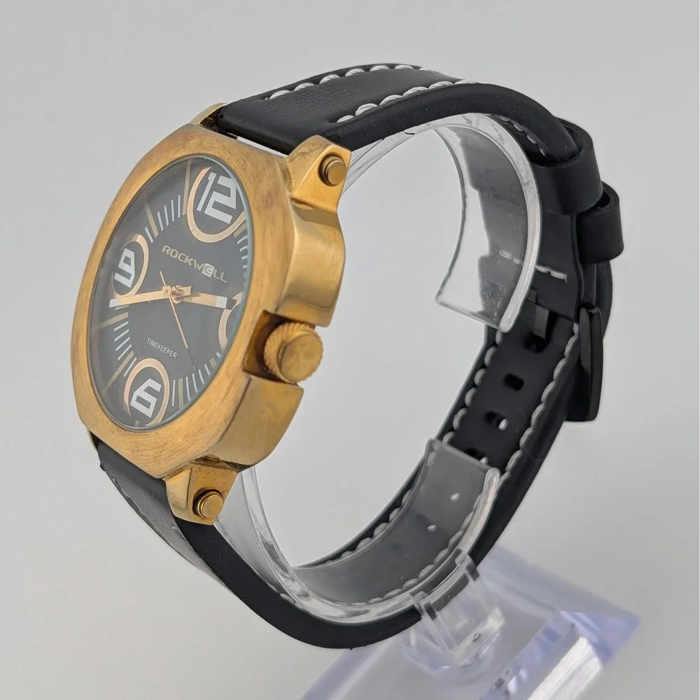 Rockwell Timekeeper Oversized Gold Tone Black Dial Quartz Watch 45mm